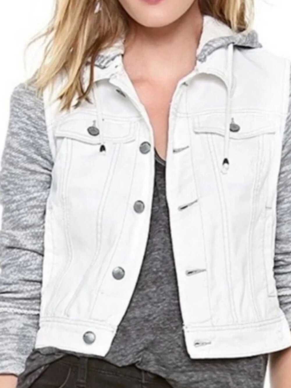 Free People White Jean Jacket with Heather Gray Sleeves